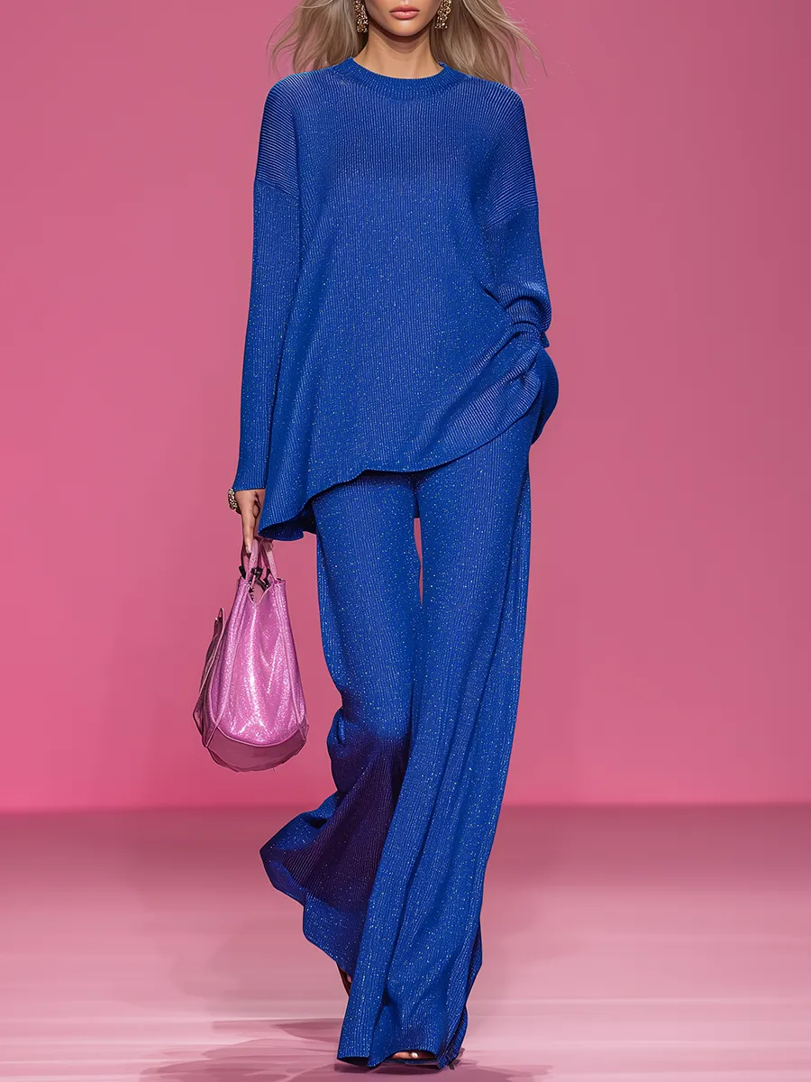 Elegant Casual Round Neck Long-sleeved T-shirt And Wide-leg Pants Set sold by Oyrosy