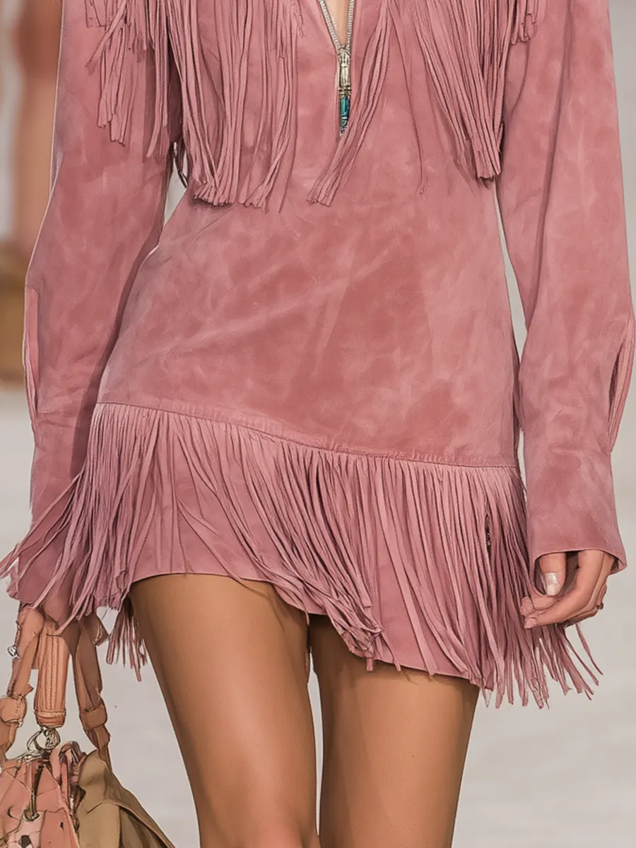 Retro Western Style Zip-up Collar Fringed Suede Mini Dress sold by Oyrosy product image thumbnail 4
