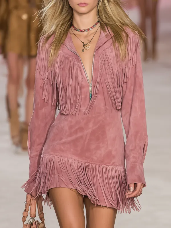 Retro Western Style Zip-up Collar Fringed Suede Mini Dress sold by Oyrosy