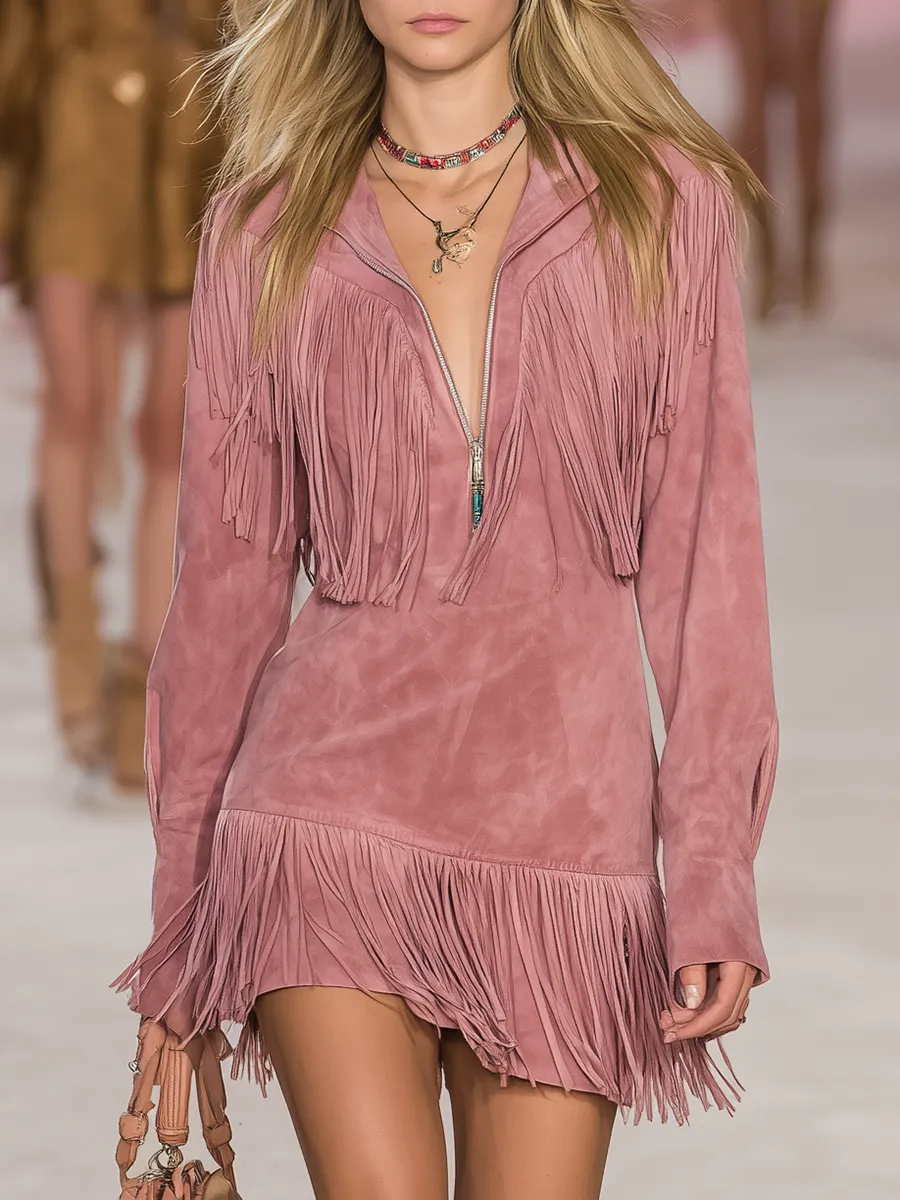 Retro Western Style Zip-up Collar Fringed Suede Mini Dress sold by Oyrosy