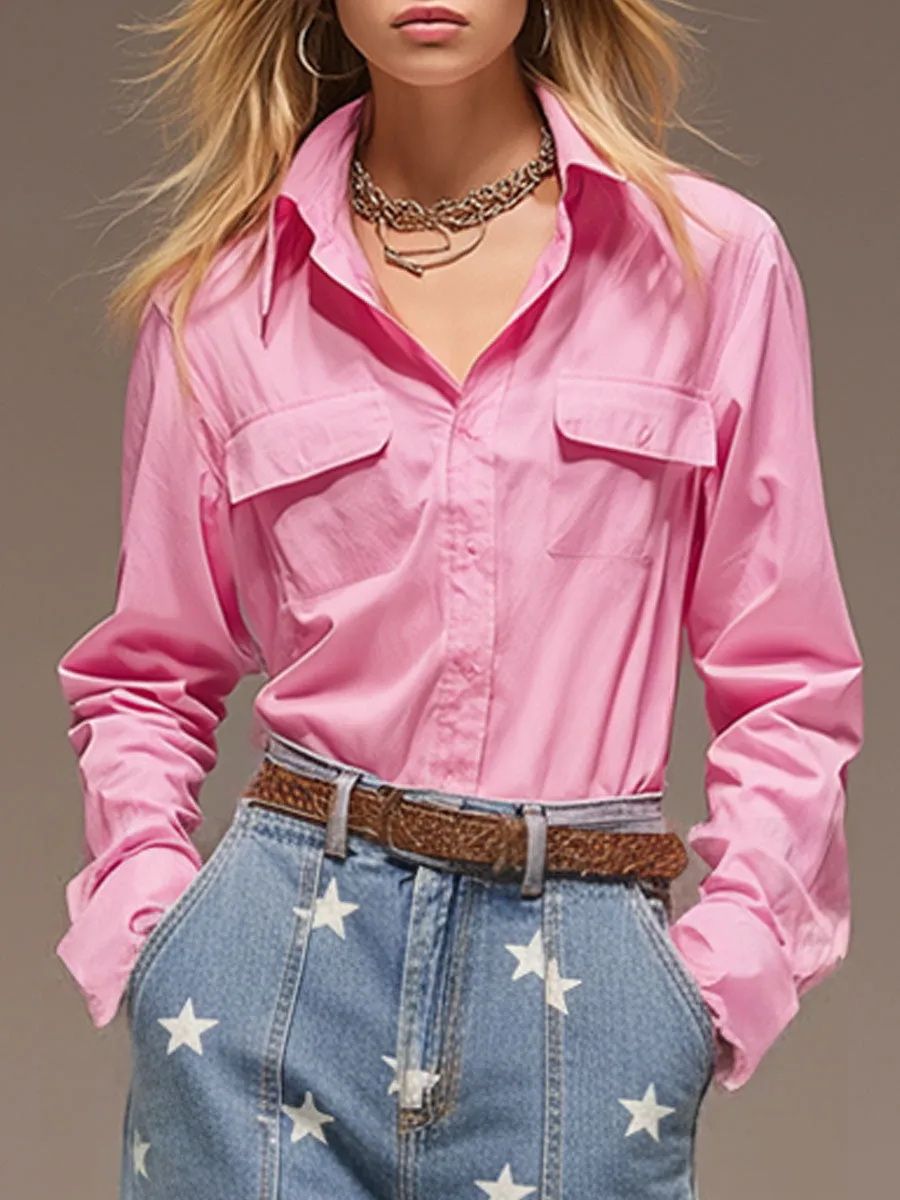 Casual Retro Pink Cotton Long-Sleeved Shirt sold by Oyrosy