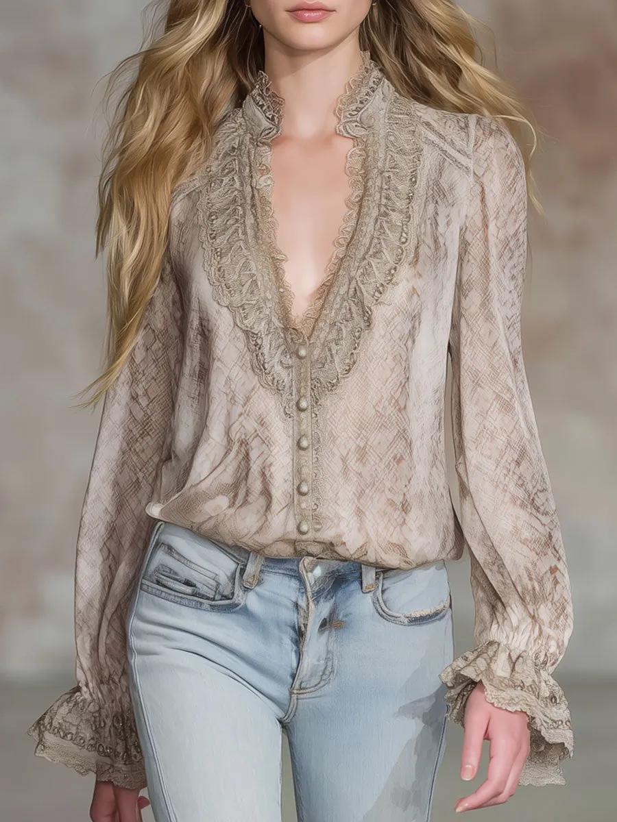 Retro Resort Snake Print Champagne Chiffon Long-Sleeve Shirt sold by Oyrosy