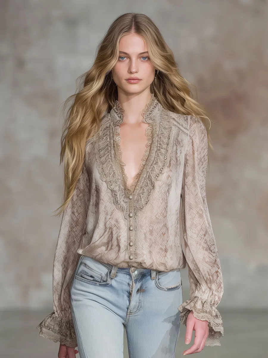 Retro Resort Snake Print Champagne Chiffon Long-Sleeve Shirt sold by Oyrosy product image thumbnail 2