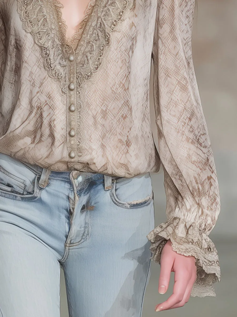Retro Resort Snake Print Champagne Chiffon Long-Sleeve Shirt sold by Oyrosy product image thumbnail 4