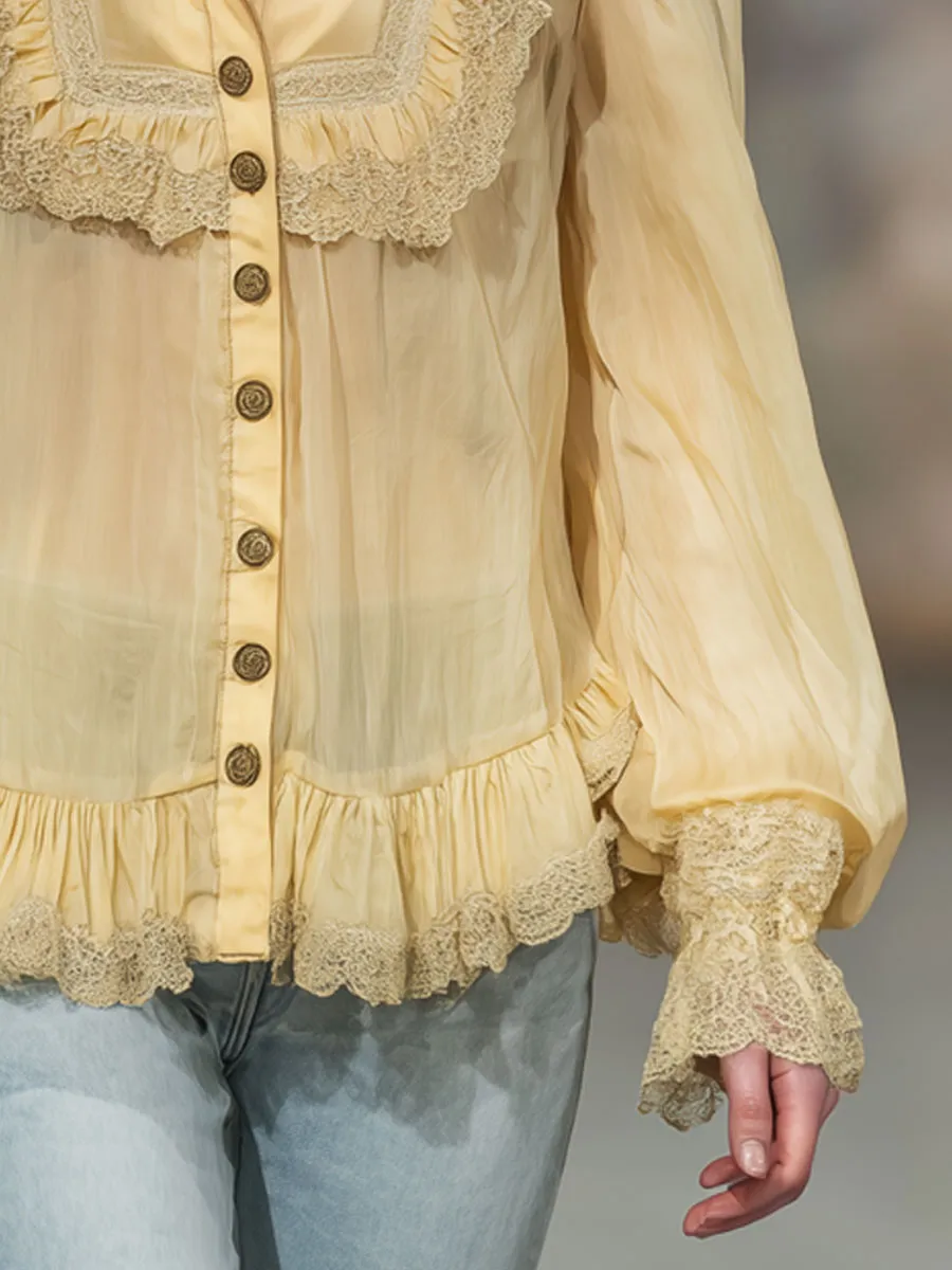 Casual Retro Yellow Cotton Blend Lace-trimmed Long-sleeved Shirt sold by Oyrosy product image thumbnail 4