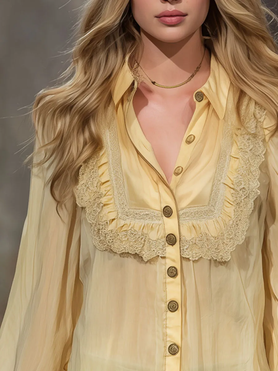 Casual Retro Yellow Cotton Blend Lace-trimmed Long-sleeved Shirt sold by Oyrosy product image thumbnail 3