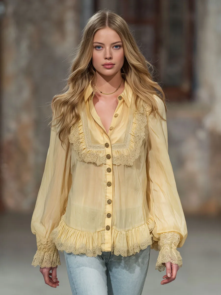 Casual Retro Yellow Cotton Blend Lace-trimmed Long-sleeved Shirt sold by Oyrosy product image thumbnail 2