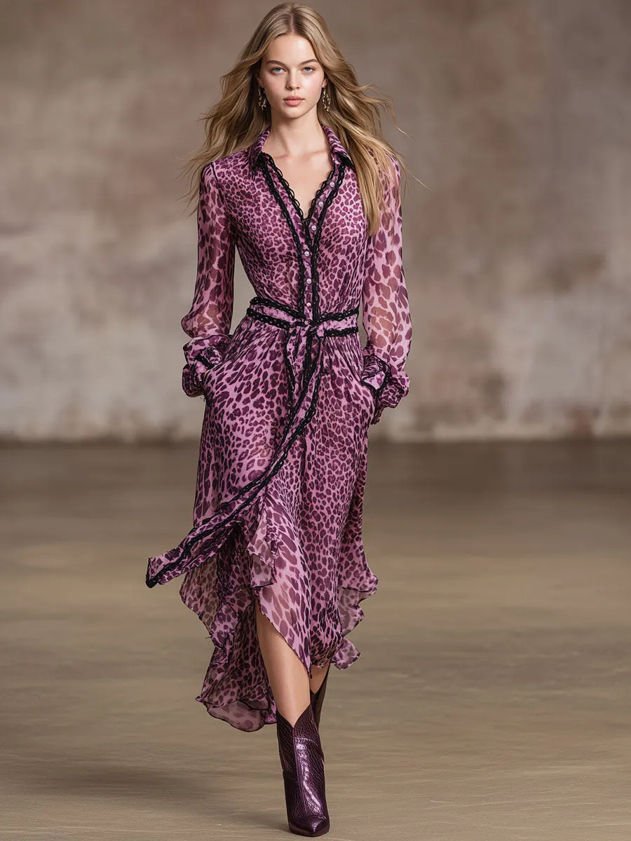 Retro Vacation Pinkish-purple Chiffon Leopard Print Lace-trimmed Long-sleeved Dress sold by Oyrosy product image thumbnail 2