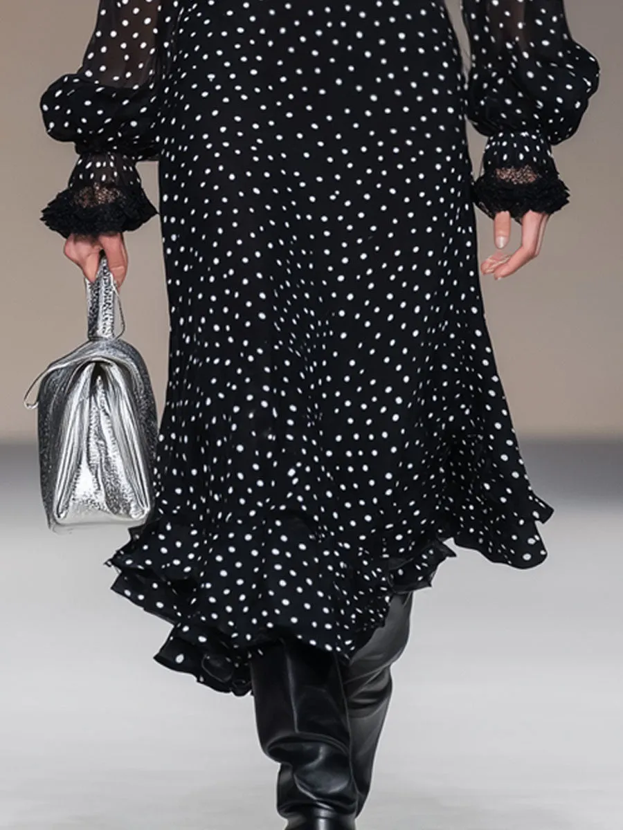 Retro Vacation Polka Dot Black Chiffon Long-sleeved Shirt And Skirt Set sold by Oyrosy product image thumbnail 4