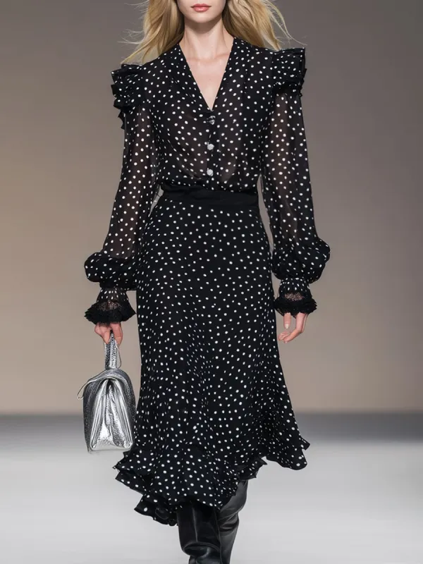 Retro Vacation Polka Dot Black Chiffon Long-sleeved Shirt And Skirt Set sold by Oyrosy