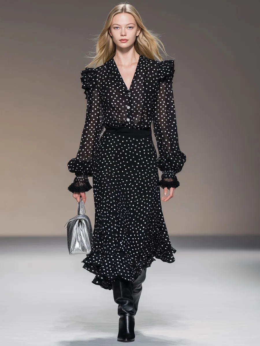 Retro Vacation Polka Dot Black Chiffon Long-sleeved Shirt And Skirt Set sold by Oyrosy product image thumbnail 2