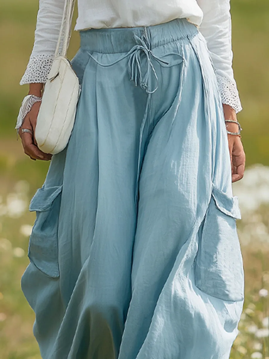Loose-fitting Elasticated Drawstring Double-pocket Cotton-linen Wide-leg Pants sold by Oyrosy product image thumbnail 2