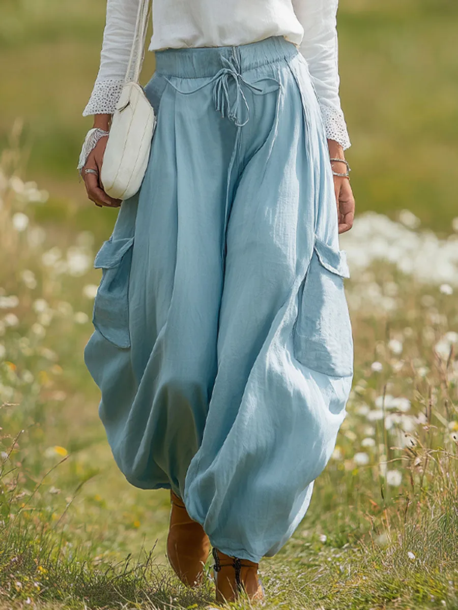 Loose-fitting Elasticated Drawstring Double-pocket Cotton-linen Wide-leg Pants sold by Oyrosy