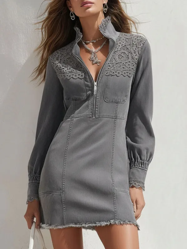 Stand-up Collar Half-zip Denim Patchwork Lace Mini Dress sold by Oyrosy