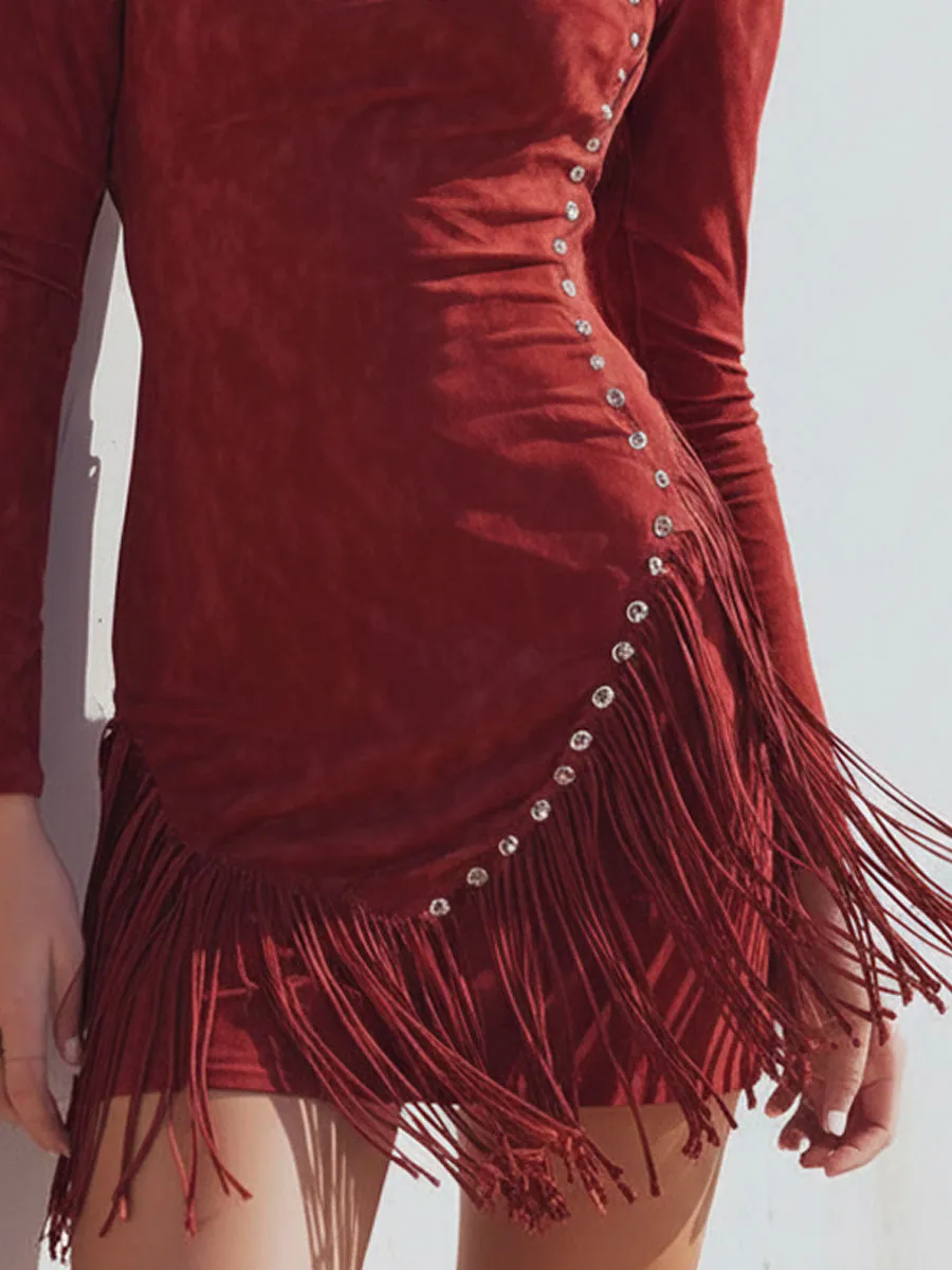 Round Neck Studded Tassel Faux Suede Long-sleeved Mini Dress sold by Oyrosy product image thumbnail 3