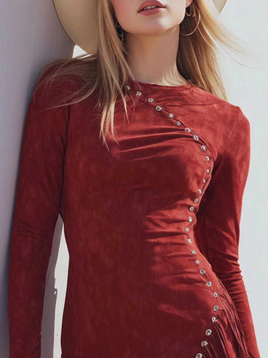 Round Neck Studded Tassel Faux Suede Long-sleeved Mini Dress sold by Oyrosy product image thumbnail 2