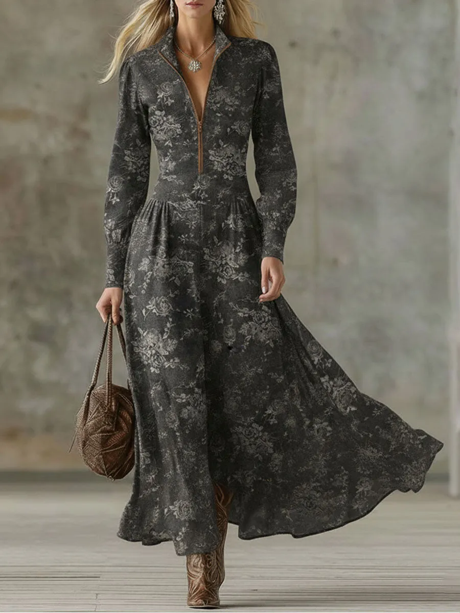 Retro Stand-up Collar Zip-up Denim Floral Maxi Dress sold by Oyrosy