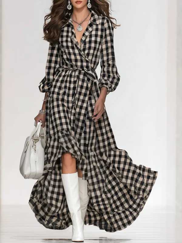 Bohemian-style Retro Plaid Long-sleeved Maxi Dress sold by Oyrosy