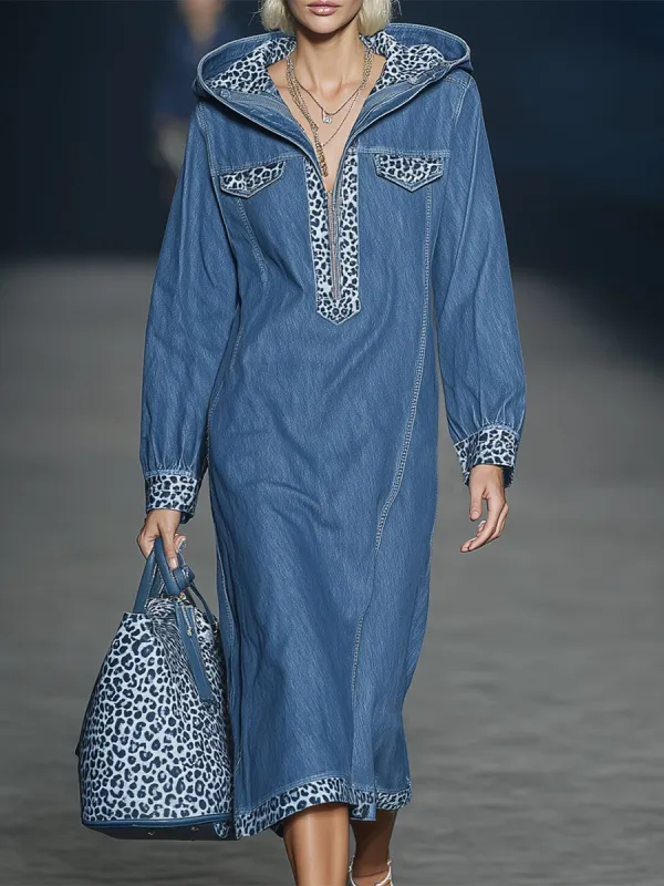 Stylish Blue Denim Patchwork Leopard Print Half-zip Hooded Midi Dress sold by Oyrosy