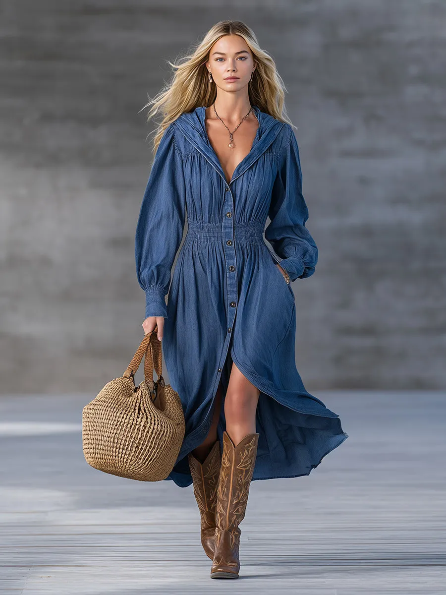 Stylish Blue Denim Button-up Elastic Pocket Midi Dress sold by Oyrosy product image thumbnail 2