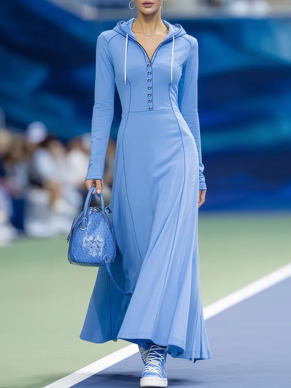 Stylish And Casual Blue Hooded Button-down Long-sleeved Maxi Dress sold by Oyrosy