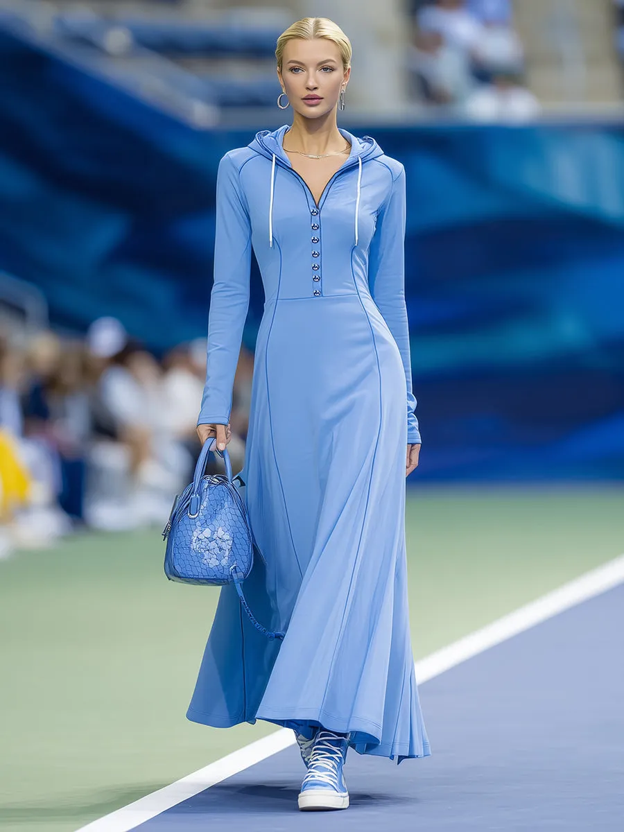 Stylish And Casual Blue Hooded Button-down Long-sleeved Maxi Dress sold by Oyrosy product image thumbnail 2