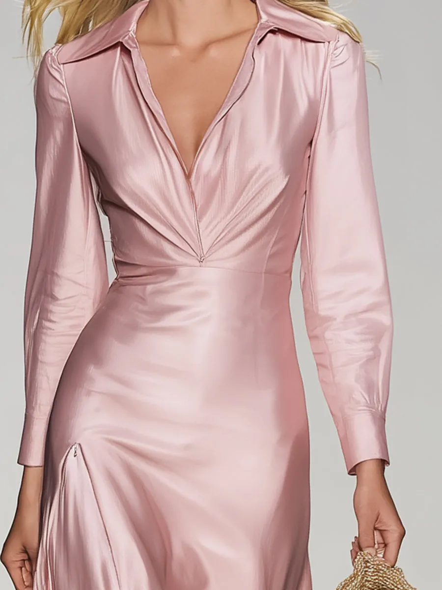 Elegant Pink Satin Shirt Collar Midi Dress sold by Oyrosy product image thumbnail 4
