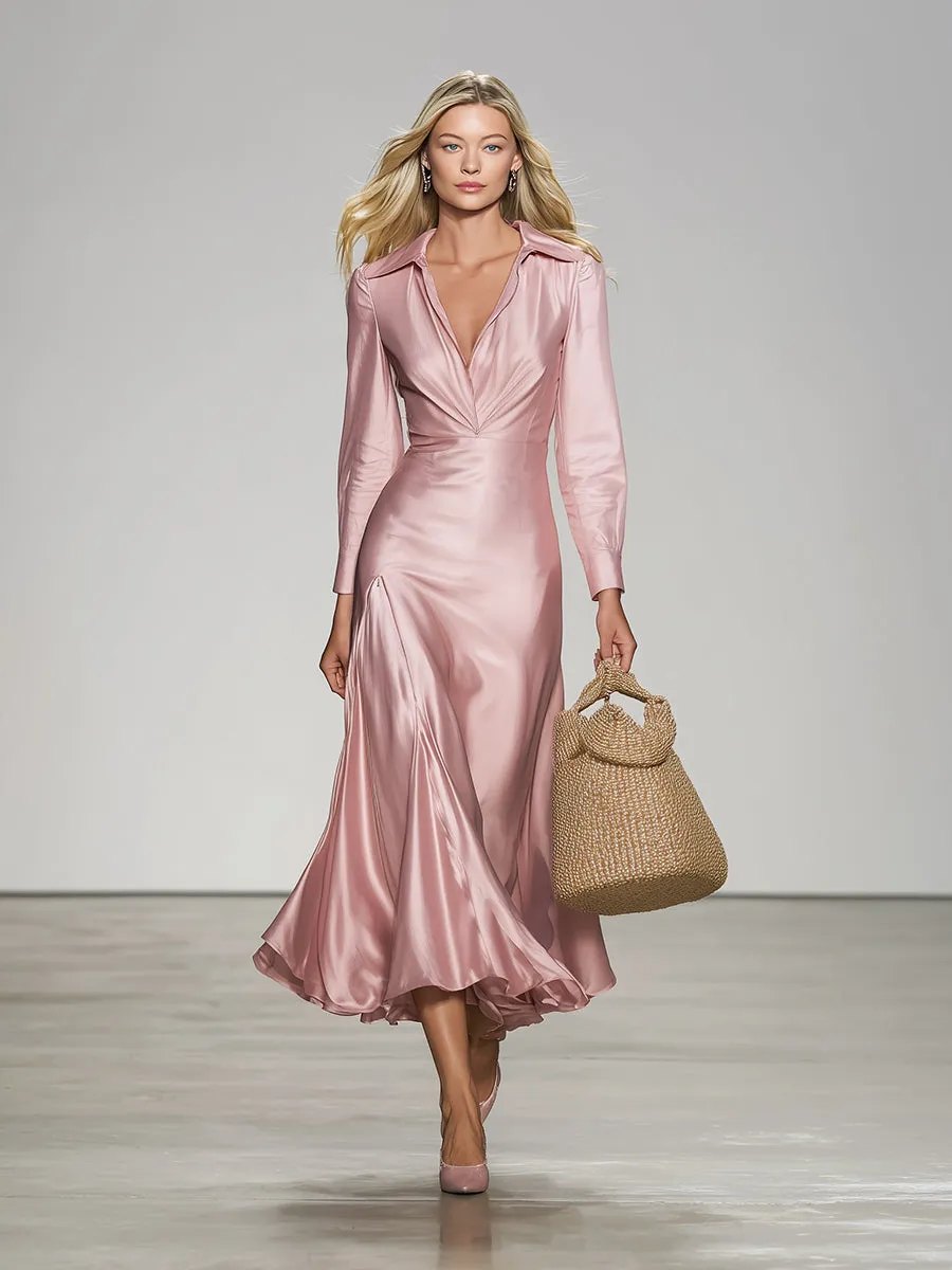 Elegant Pink Satin Shirt Collar Midi Dress sold by Oyrosy product image thumbnail 2