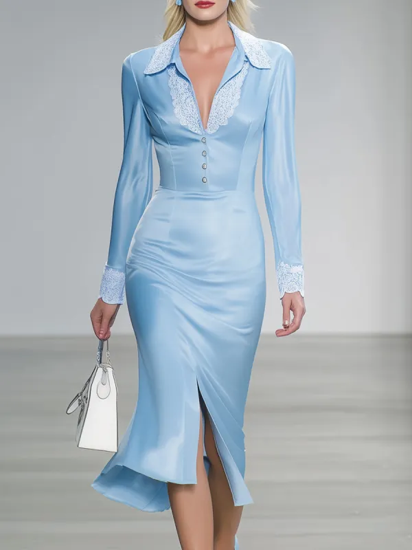 Elegant Blue Satin-trimmed White Lace Button-down Midi Dress sold by Oyrosy