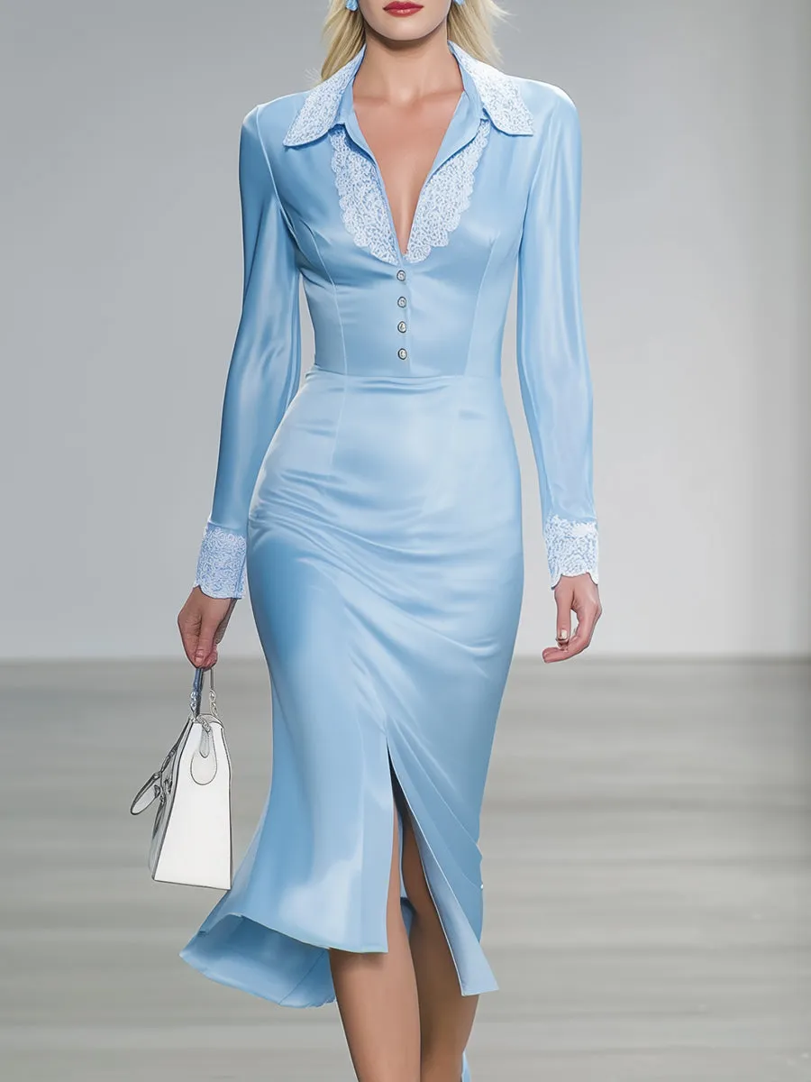 Elegant Blue Satin-trimmed White Lace Button-down Midi Dress sold by Oyrosy