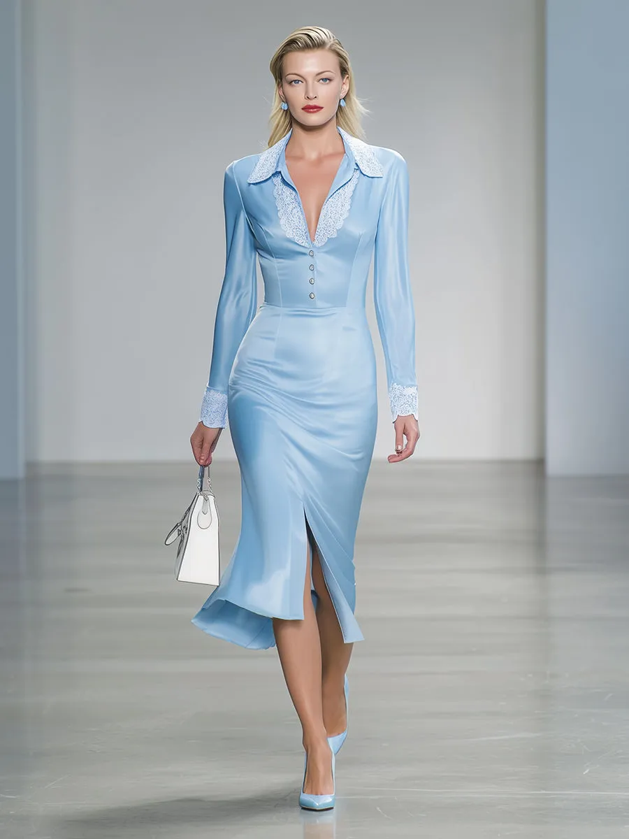 Elegant Blue Satin-trimmed White Lace Button-down Midi Dress sold by Oyrosy product image thumbnail 3