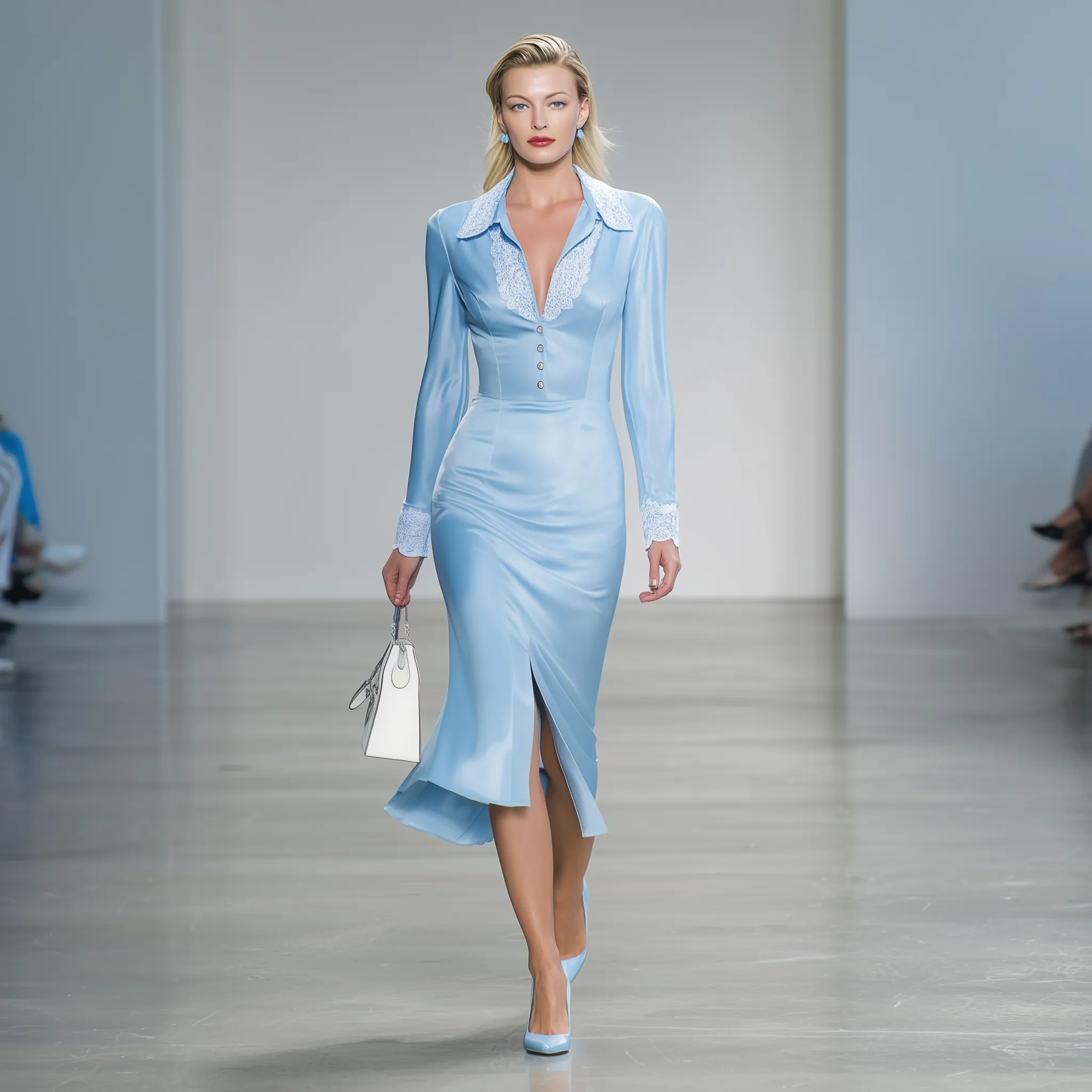 Elegant Blue Satin-trimmed White Lace Button-down Midi Dress sold by Oyrosy product image thumbnail 4