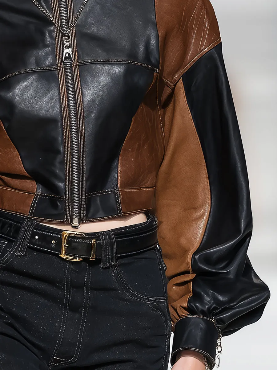 Retro Casual Brown And Black Patchwork PU Jacket sold by Oyrosy product image thumbnail 4