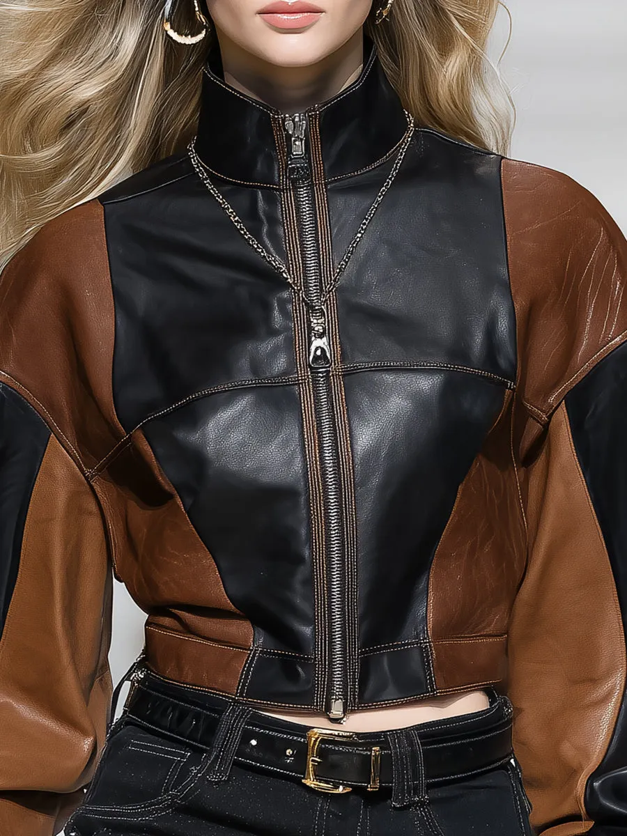 Retro Casual Brown And Black Patchwork PU Jacket sold by Oyrosy product image thumbnail 3