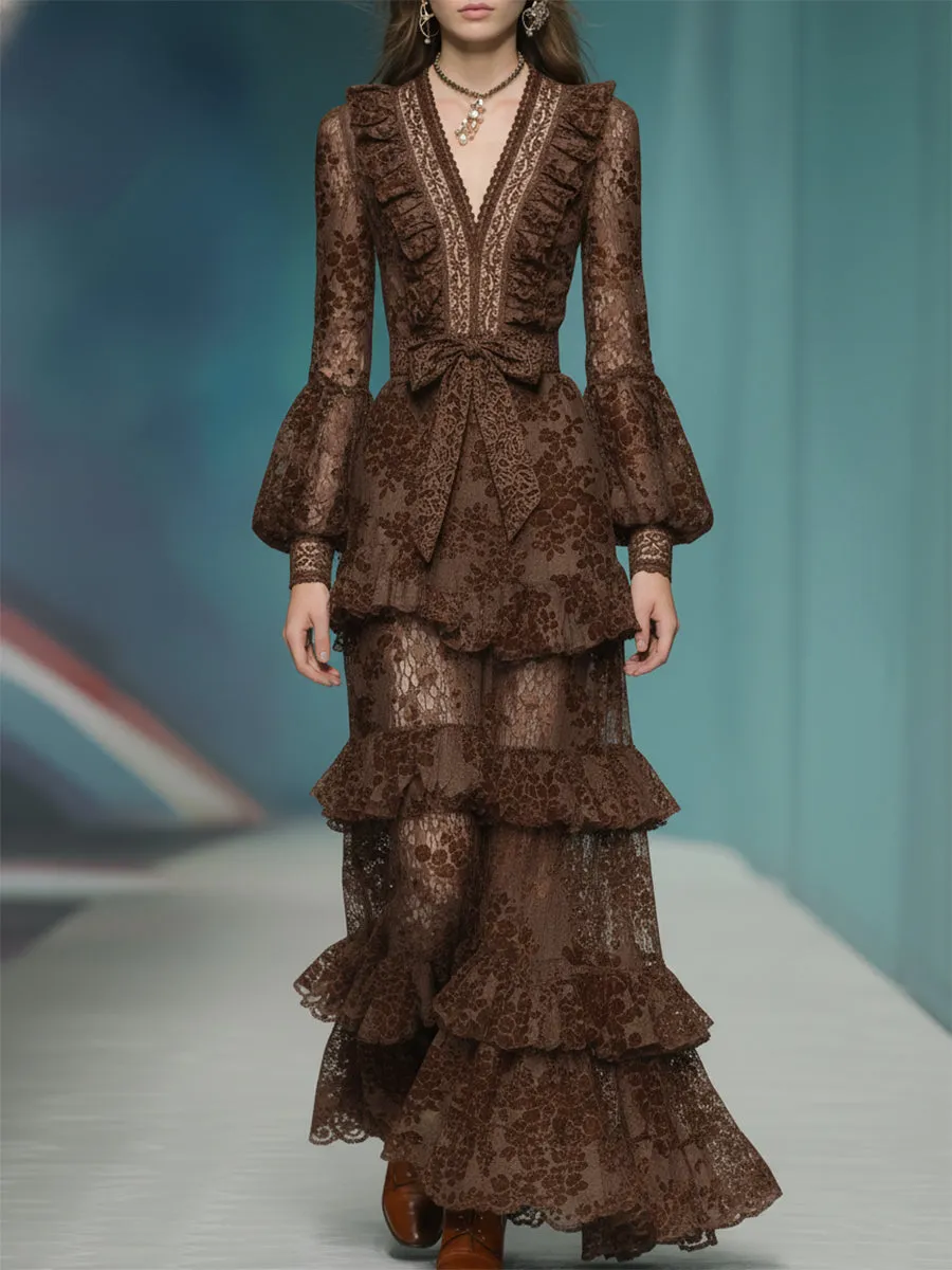 Casual And Stylish V-neck Ruffled Brown Lace Maxi Dress sold by Oyrosy