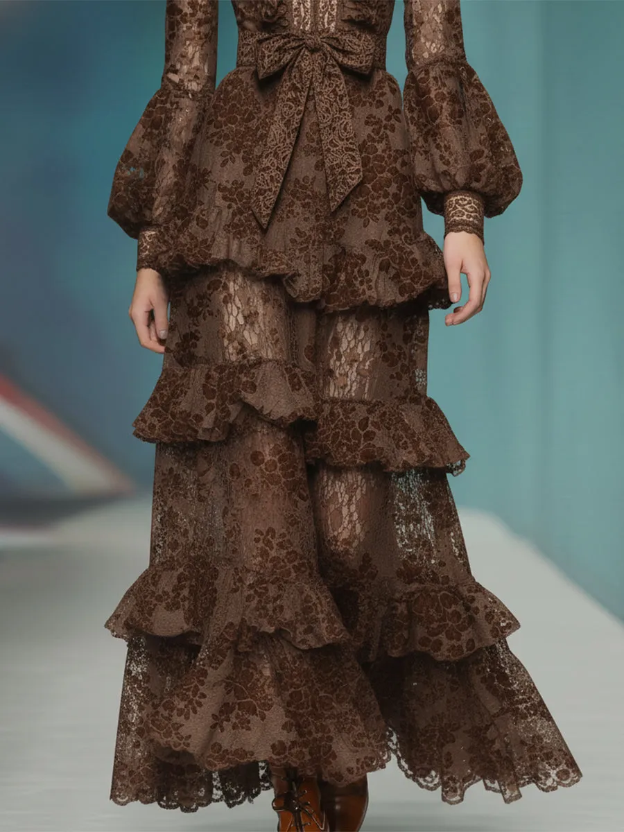 Casual And Stylish V-neck Ruffled Brown Lace Maxi Dress sold by Oyrosy product image thumbnail 4
