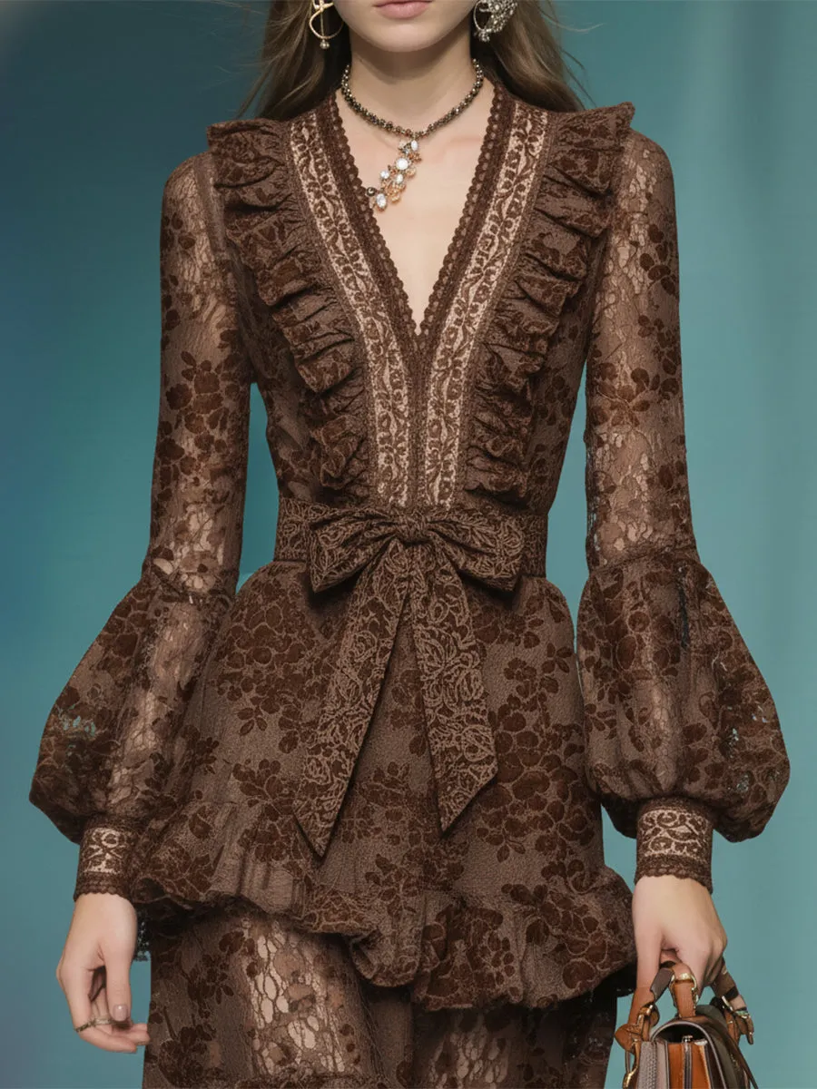 Casual And Stylish V-neck Ruffled Brown Lace Maxi Dress sold by Oyrosy product image thumbnail 3