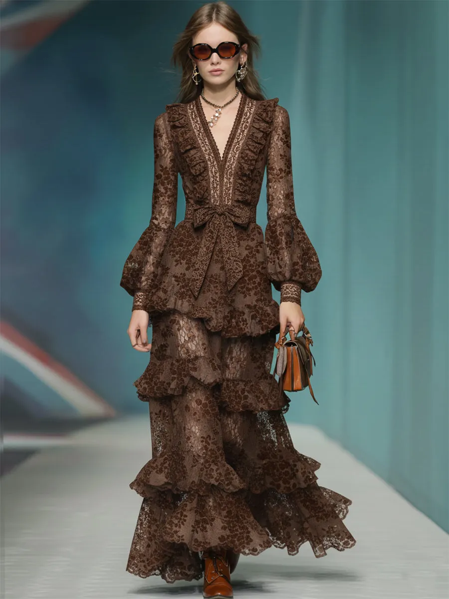 Casual And Stylish V-neck Ruffled Brown Lace Maxi Dress sold by Oyrosy product image thumbnail 2