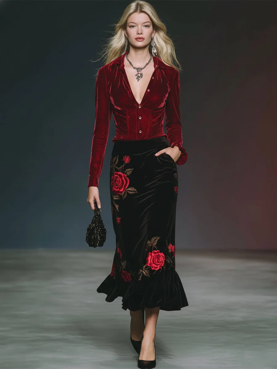 Casual And Stylish Red Velvet Shirt And Rose Embroidered Black Velvet Skirt Set sold by Oyrosy product image thumbnail 2