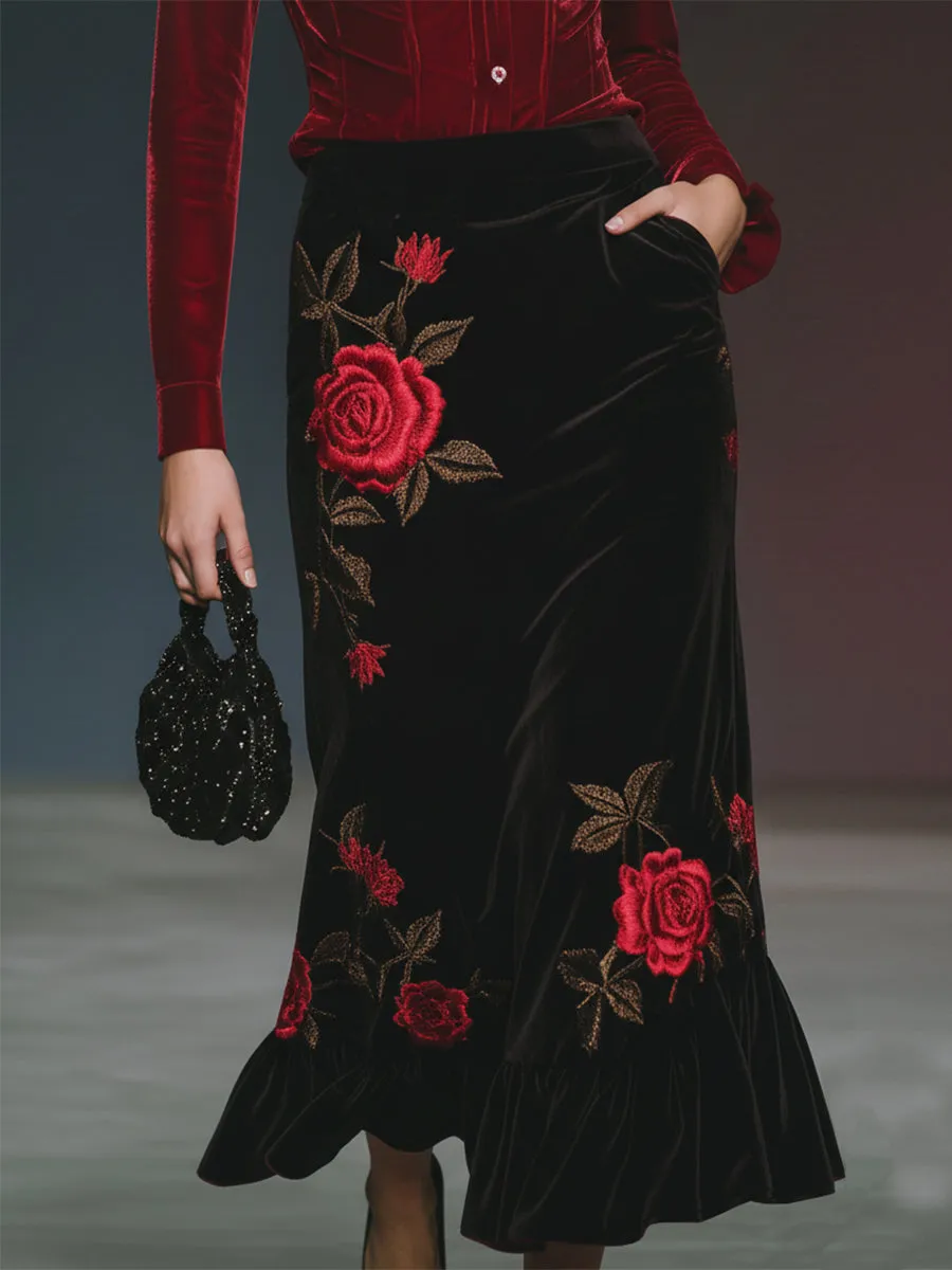 Casual And Stylish Red Velvet Shirt And Rose Embroidered Black Velvet Skirt Set sold by Oyrosy product image thumbnail 4