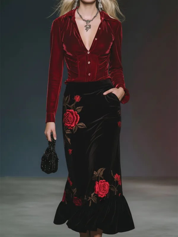 Casual And Stylish Red Velvet Shirt And Rose Embroidered Black Velvet Skirt Set sold by Oyrosy