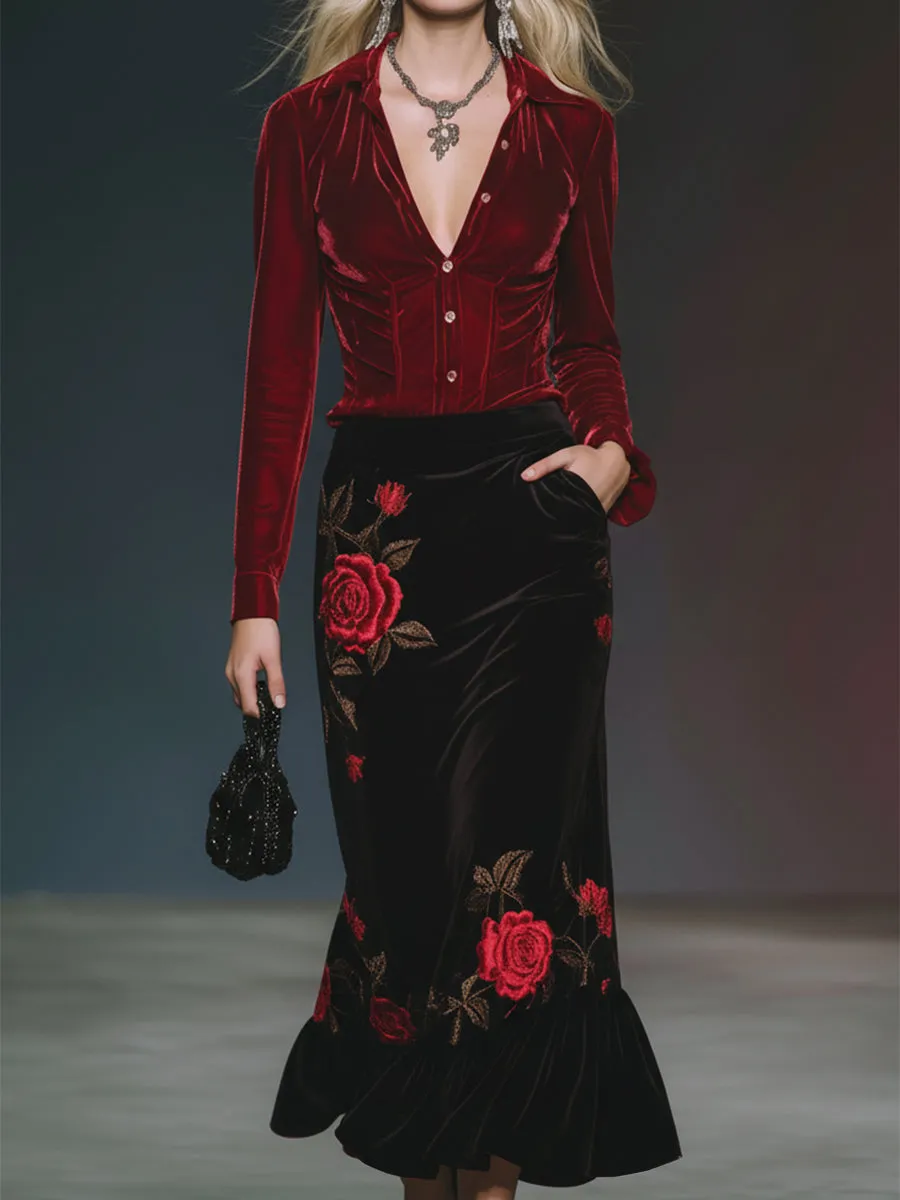 Casual And Stylish Red Velvet Shirt And Rose Embroidered Black Velvet Skirt Set sold by Oyrosy