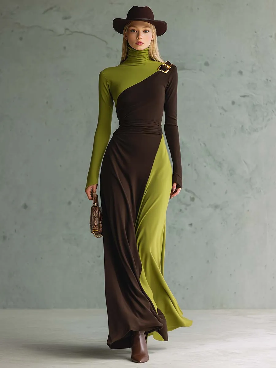 Elegant Retro High-neck Green And Brown Contrast Stretch Cotton Maxi Dress sold by Oyrosy product image thumbnail 2