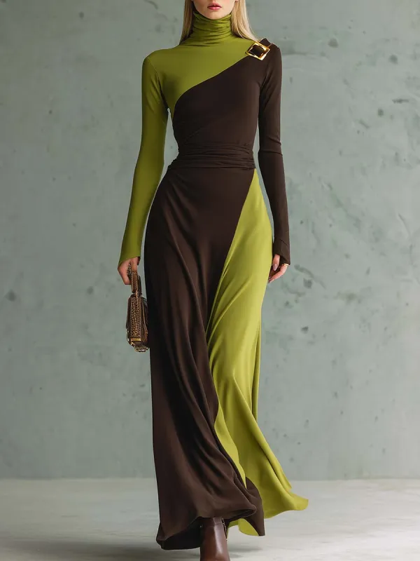 Elegant Retro High-neck Green And Brown Contrast Stretch Cotton Maxi Dress sold by Oyrosy