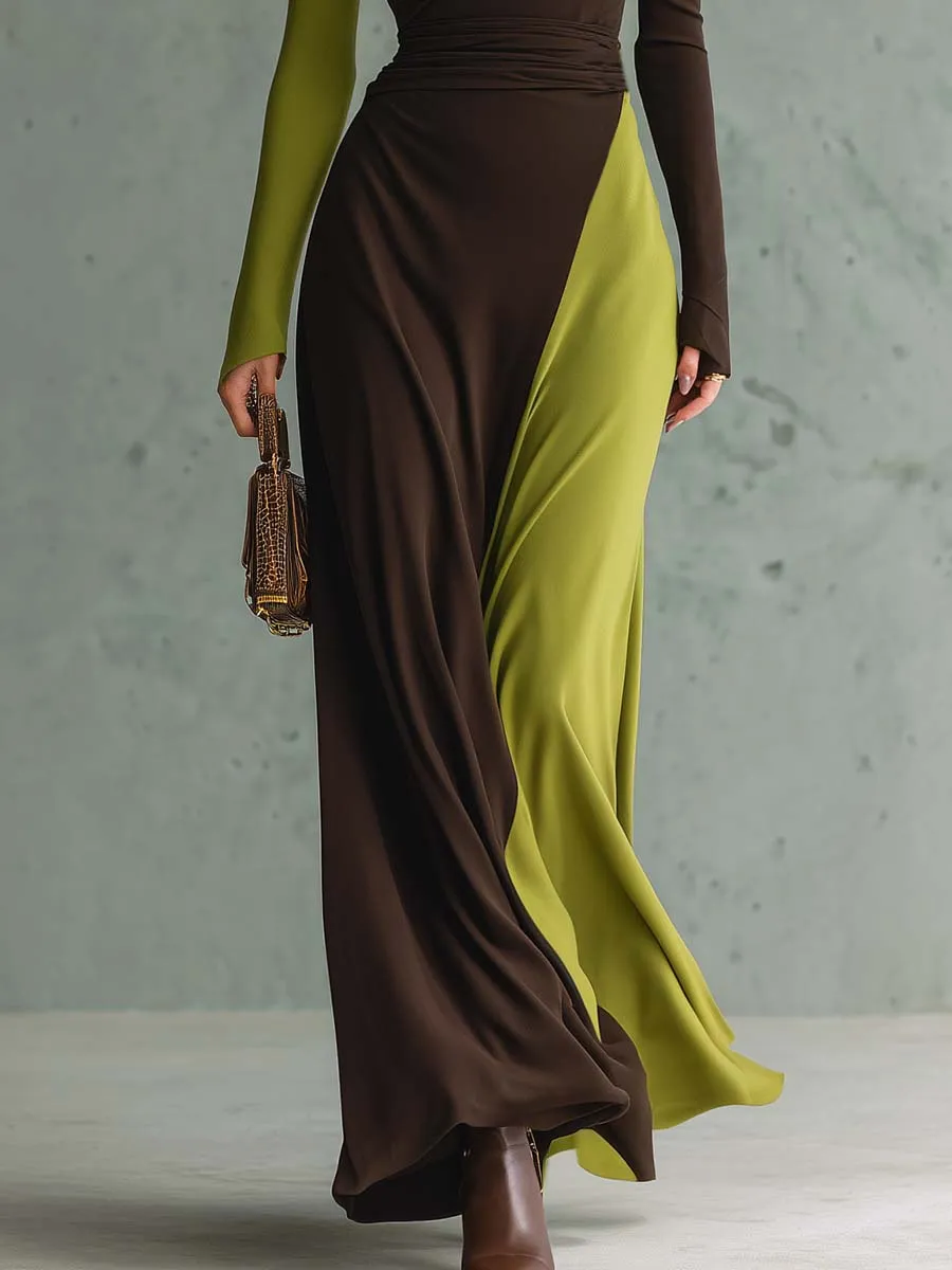 Elegant Retro High-neck Green And Brown Contrast Stretch Cotton Maxi Dress sold by Oyrosy product image thumbnail 4
