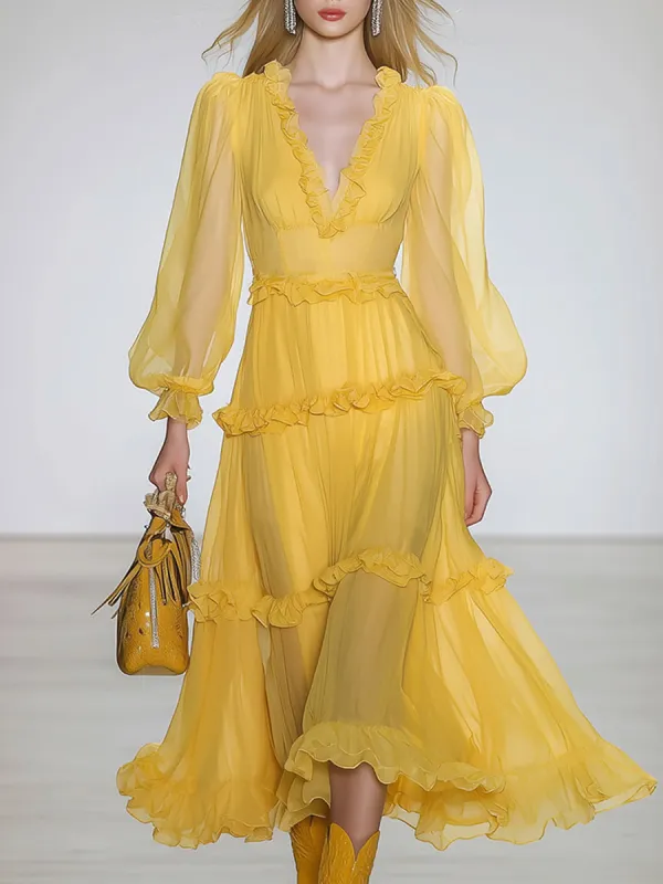 Stylish And Elegant Yellow V-neck Chiffon Midi Dress sold by Oyrosy