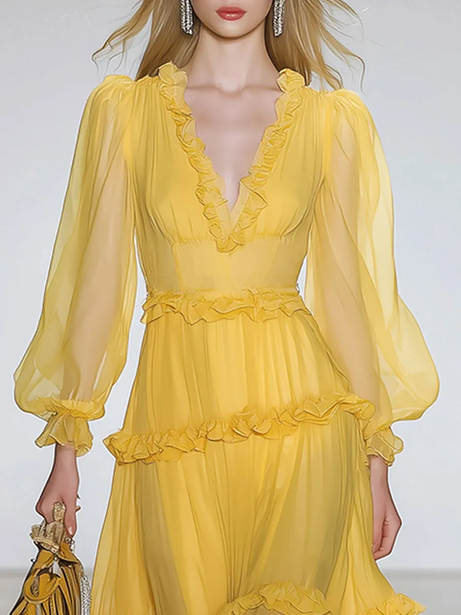 Stylish And Elegant Yellow V-neck Chiffon Midi Dress sold by Oyrosy product image thumbnail 3
