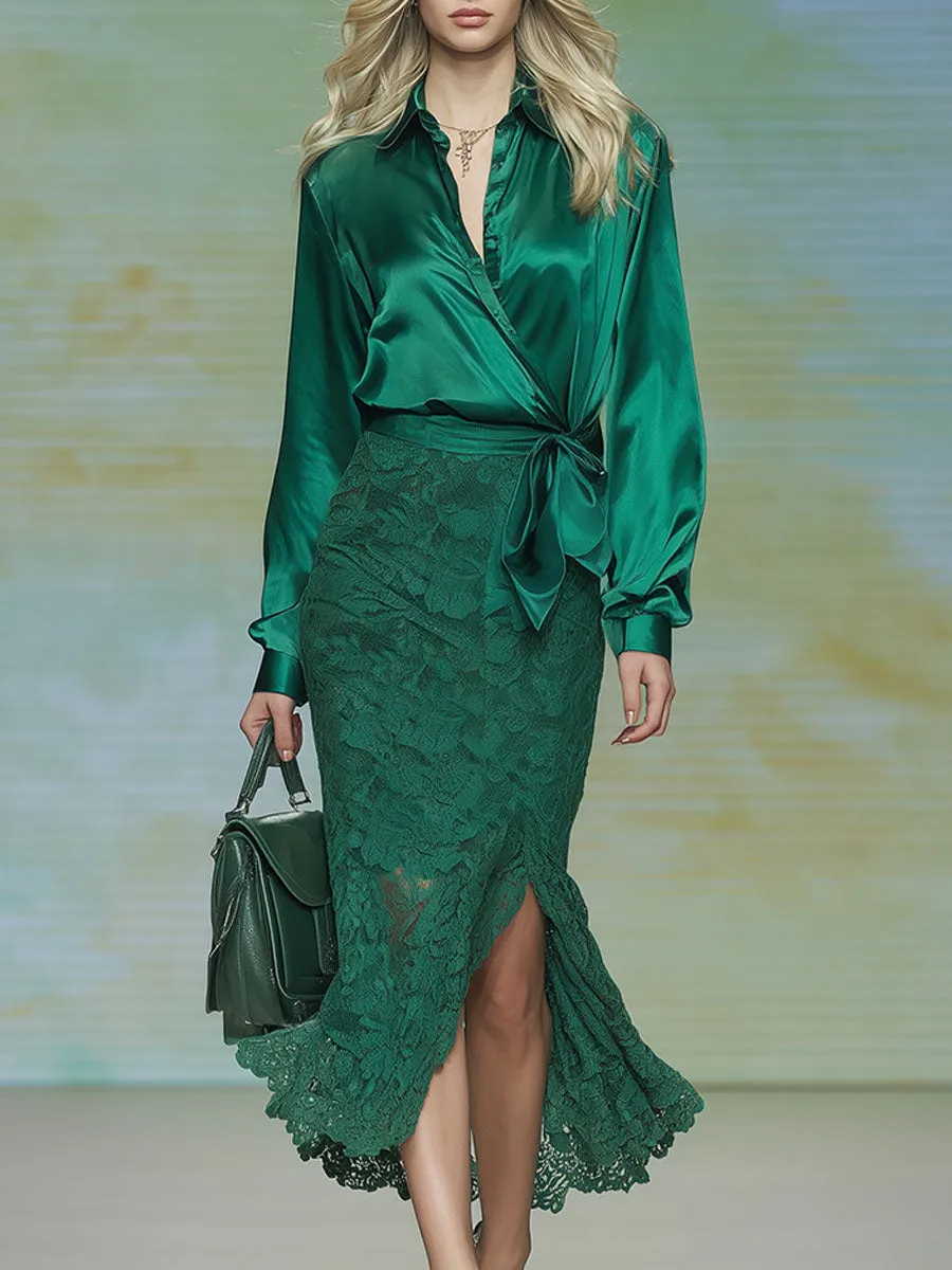 Stylish And Elegant Green Satin Blouse And Lace Skirt Set sold by Oyrosy