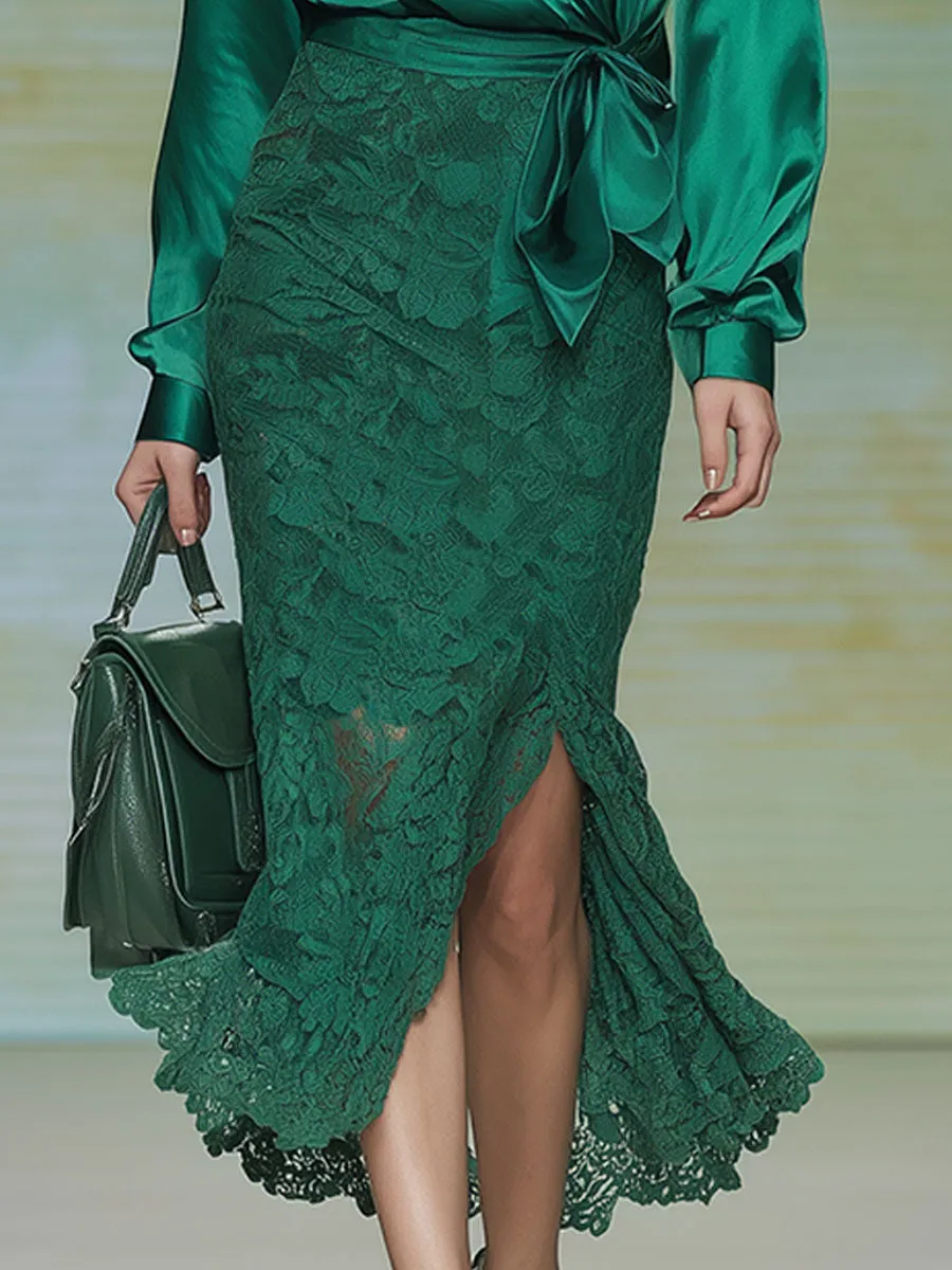 Stylish And Elegant Green Satin Blouse And Lace Skirt Set sold by Oyrosy product image thumbnail 4