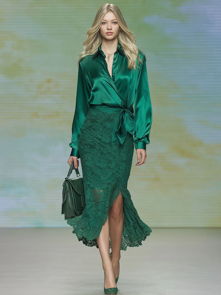 Stylish And Elegant Green Satin Blouse And Lace Skirt Set sold by Oyrosy product image thumbnail 2